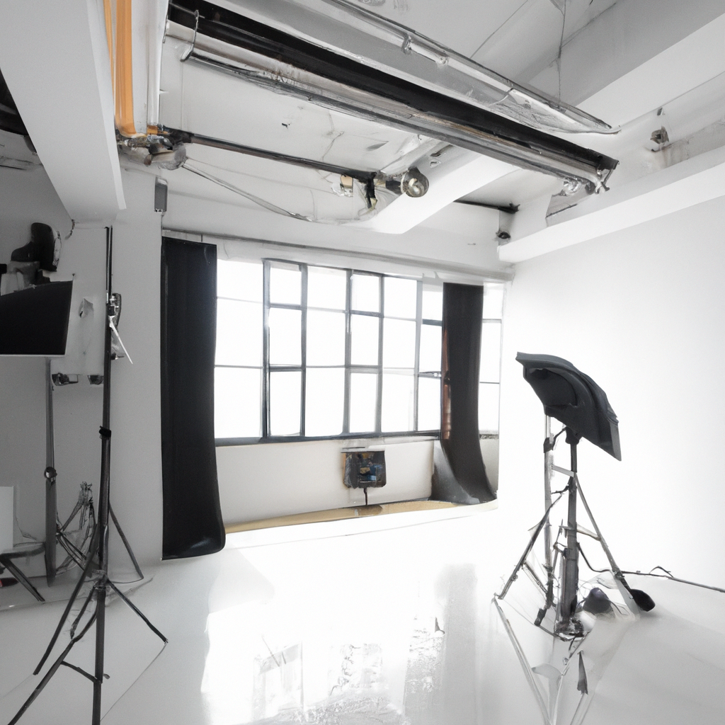 미니멀 화이트 스튜디오 내부, 소프트박스와 큰 창, 하이키 톤, 서울 강남 현대적 인테리어